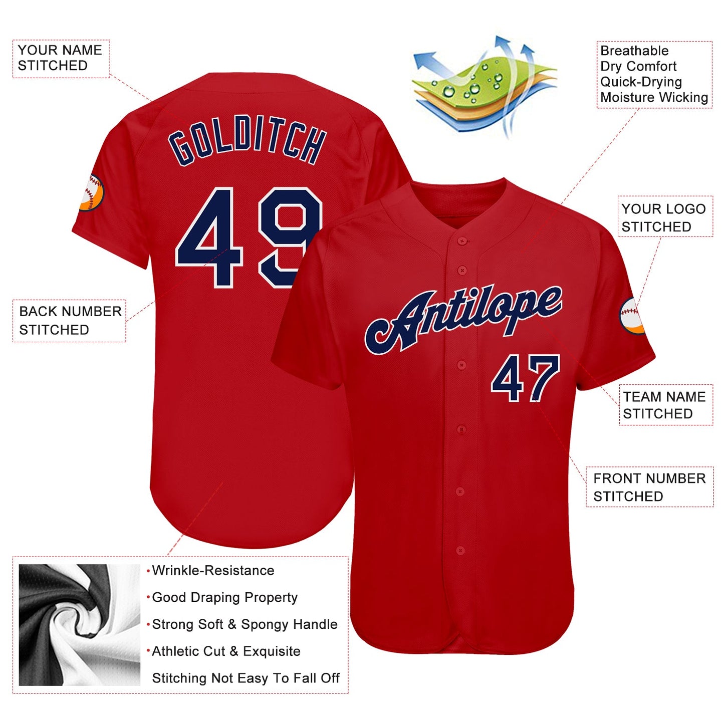 Custom Red Navy-White Authentic Baseball Jersey view 3
