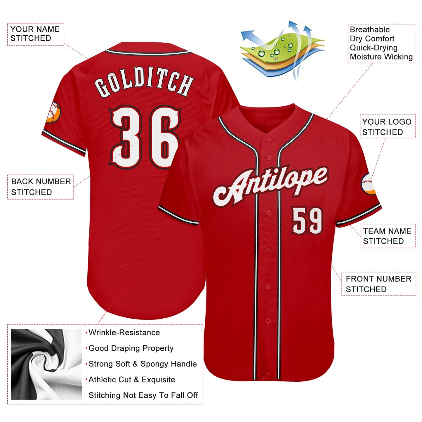 Custom Red White-Black Authentic Baseball Jersey view 3