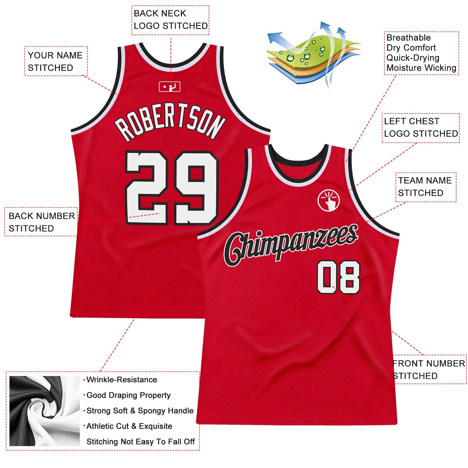Custom Red White-Black Authentic Throwback Basketball Jersey view 2
