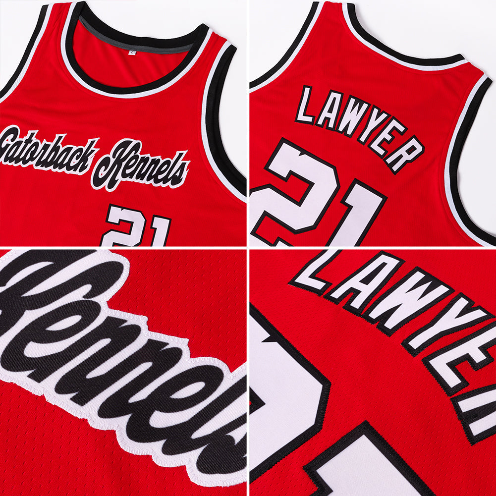 Custom Red White-Black Authentic Throwback Basketball Jersey view 5