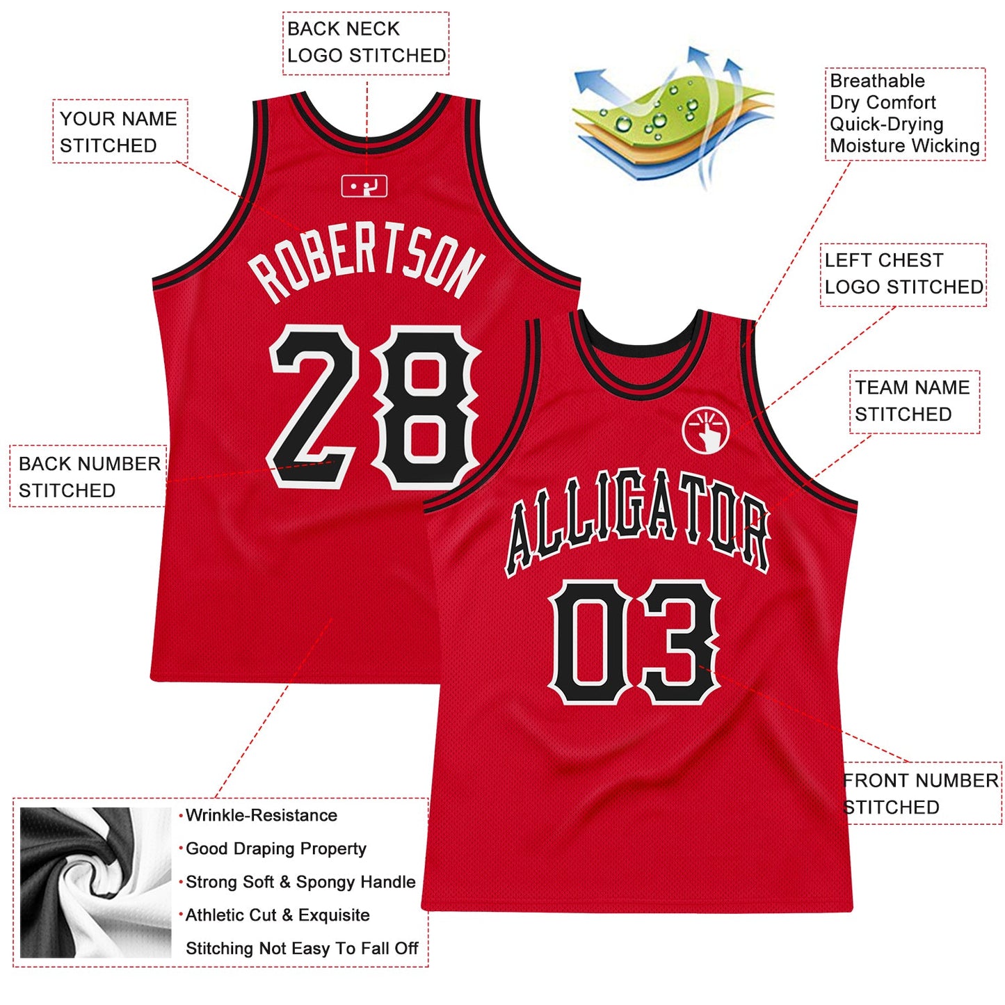 Custom Red Black-White Authentic Throwback Basketball Jersey view 2