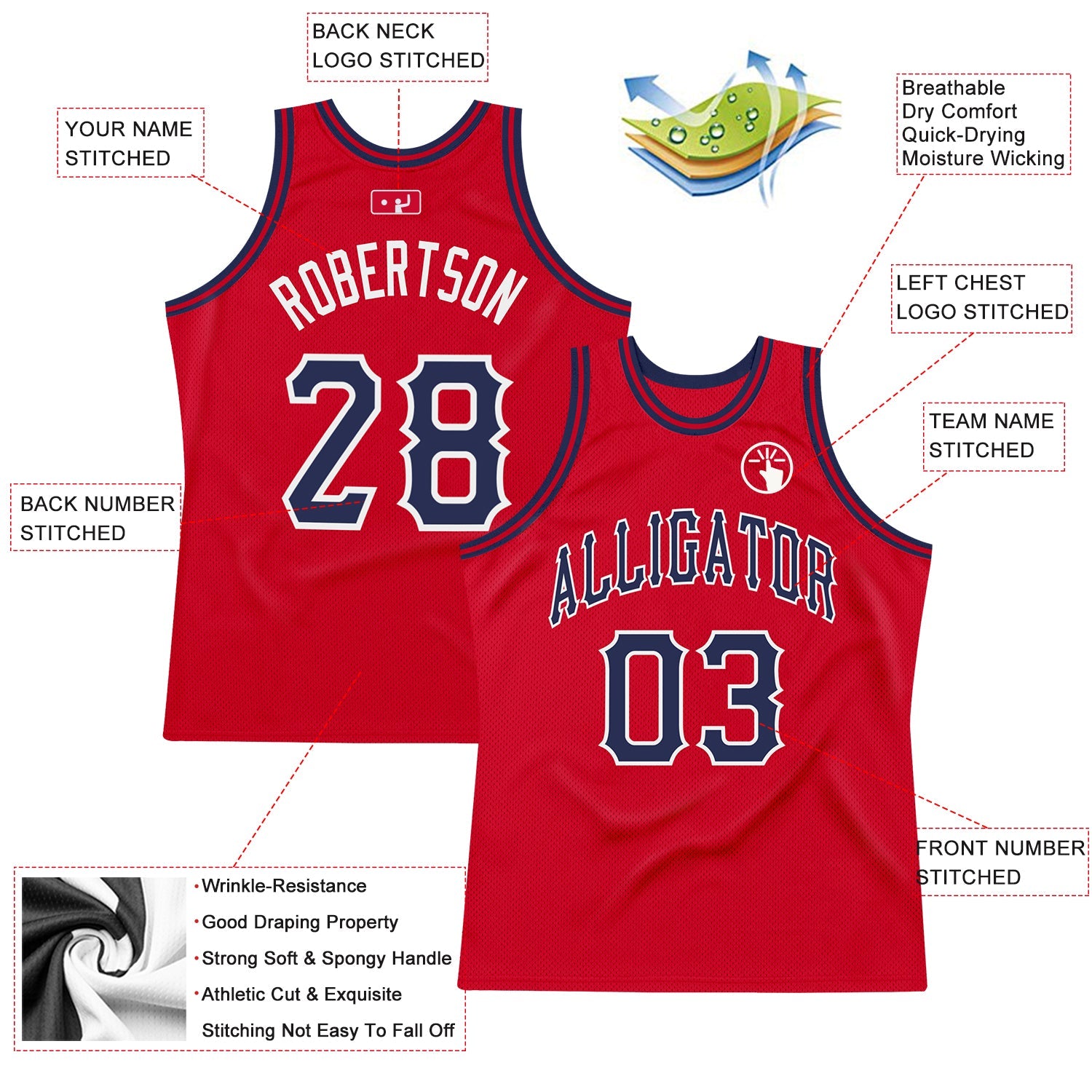 Custom Red Navy-White Authentic Throwback Basketball Jersey view 2
