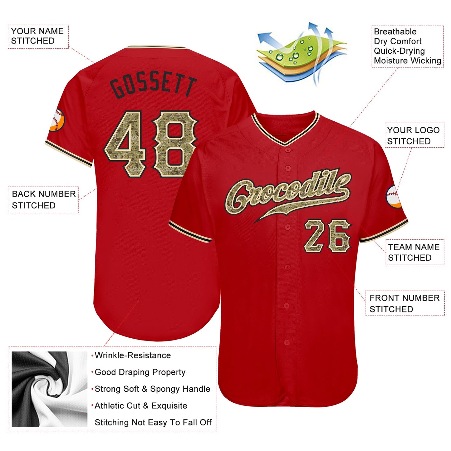 Custom Red Camo-Black Authentic Baseball Jersey view 3