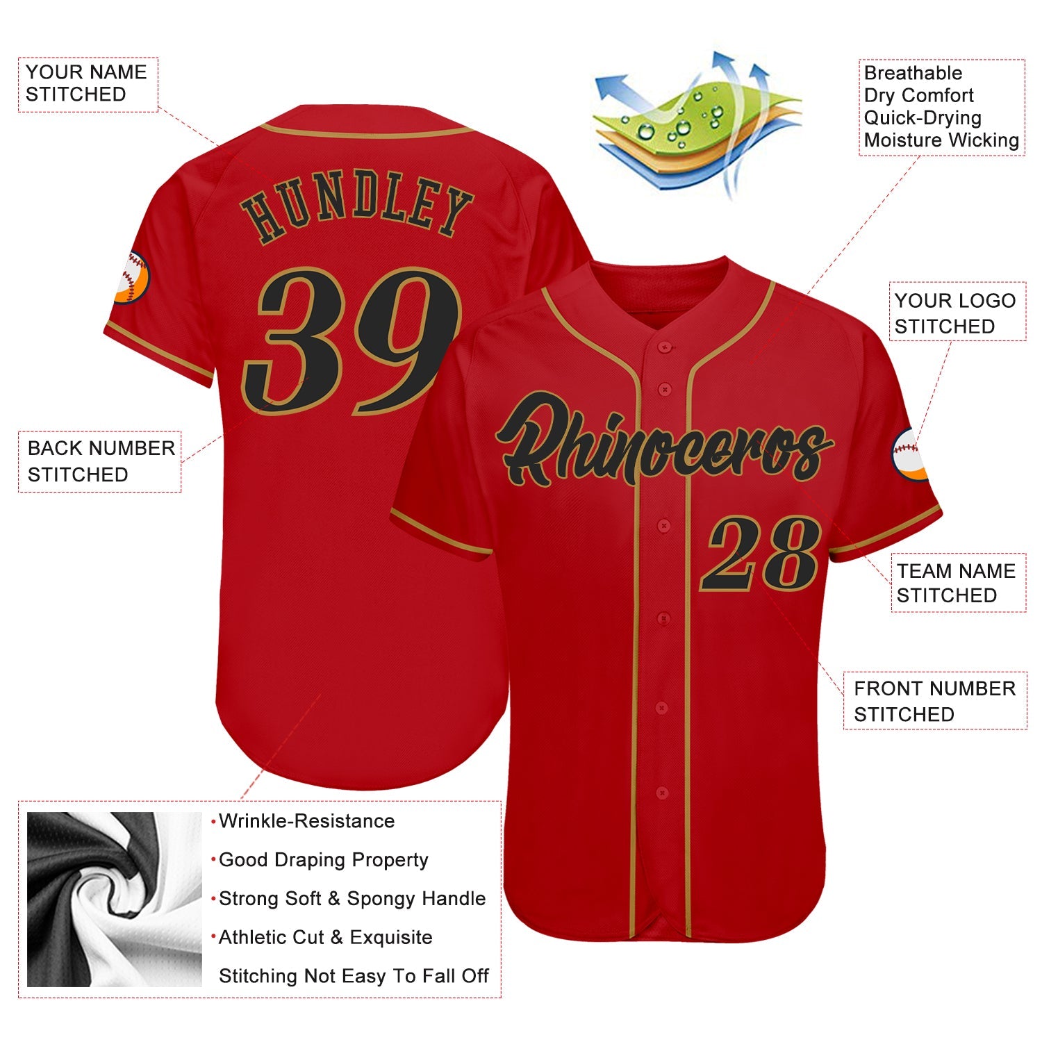 Custom Red Black-Old Gold Authentic Baseball Jersey view 3