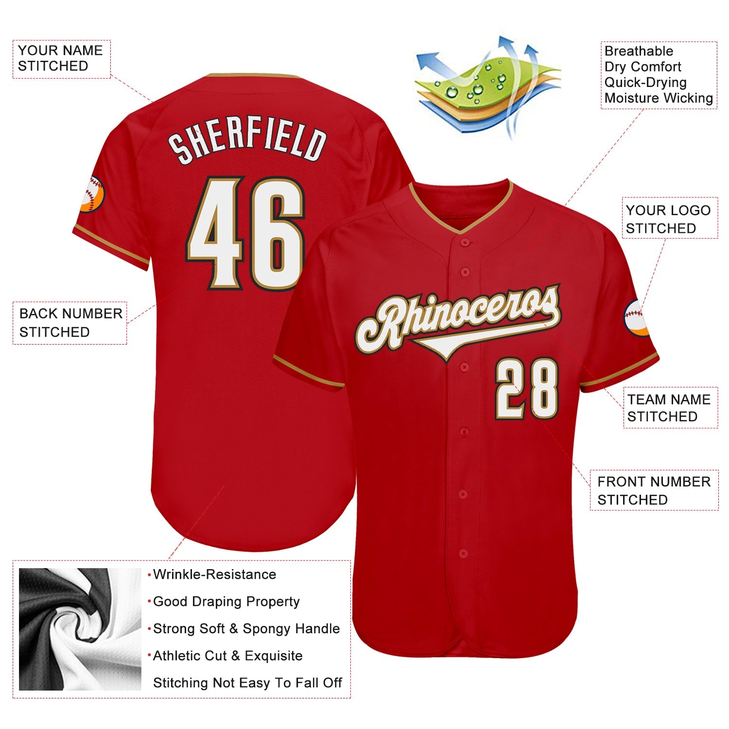 Custom Red White-Old Gold Authentic Baseball Jersey view 3