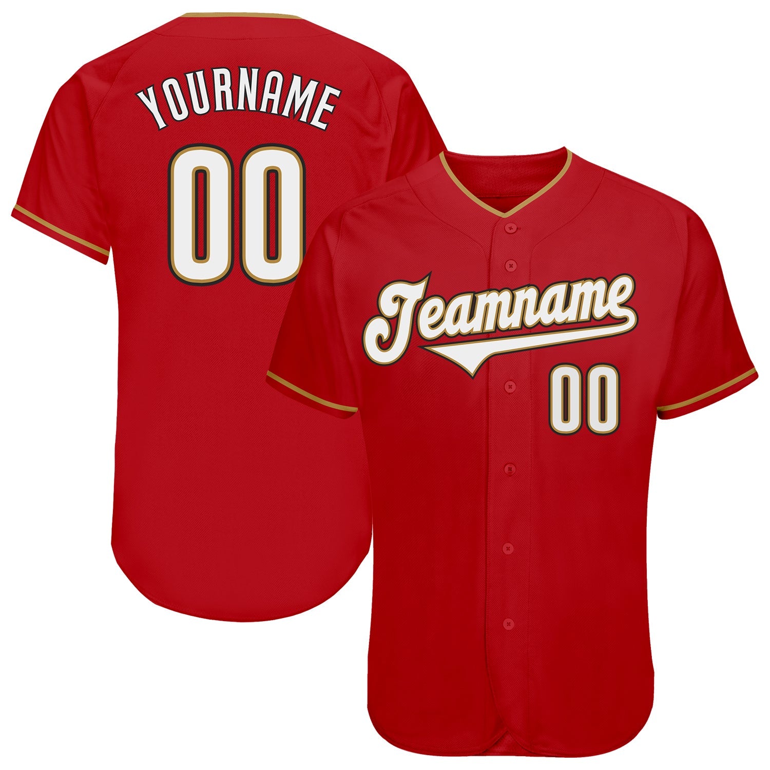 Custom Red White-Old Gold Authentic Baseball Jersey - Main View