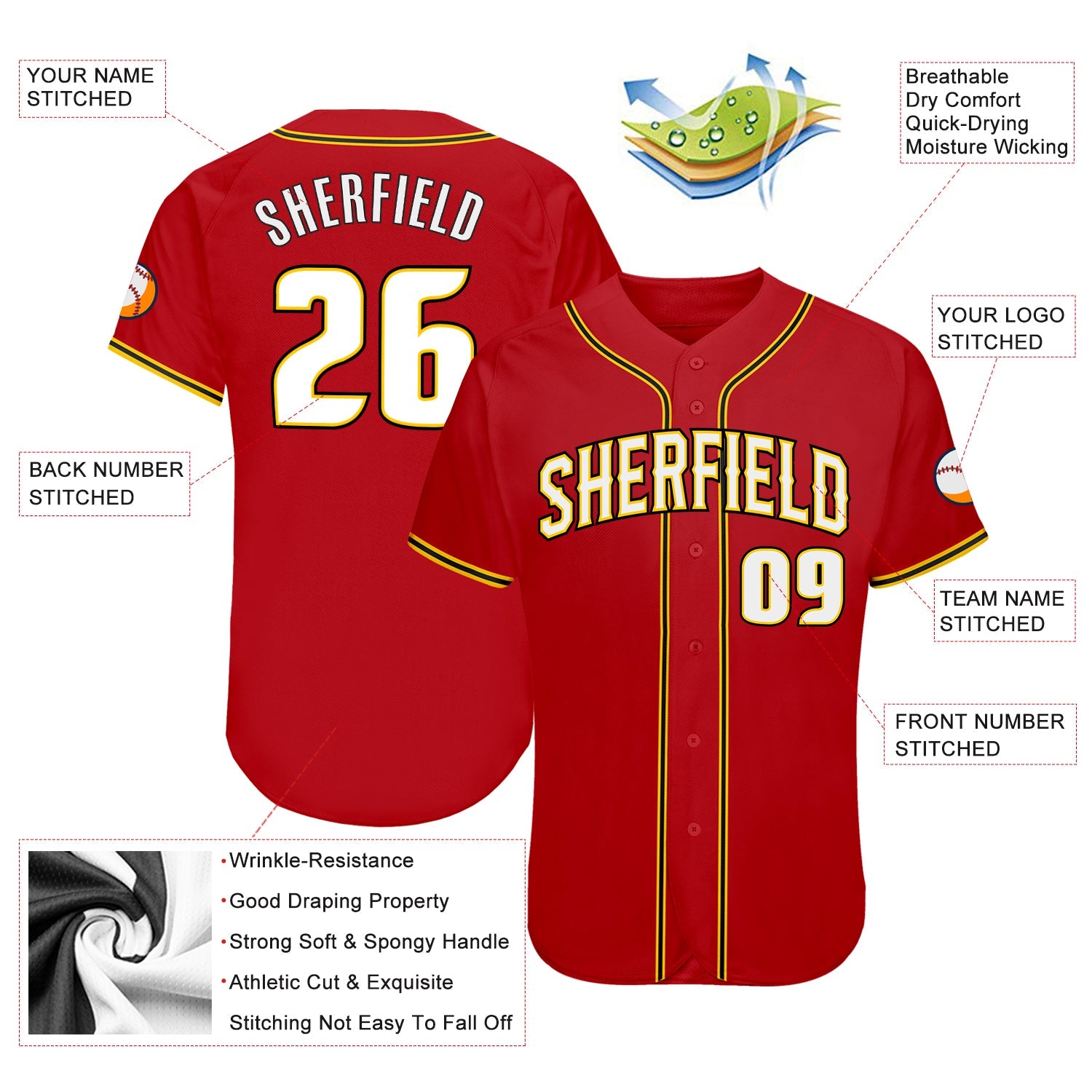 Custom Red White-Gold Authentic Baseball Jersey view 3