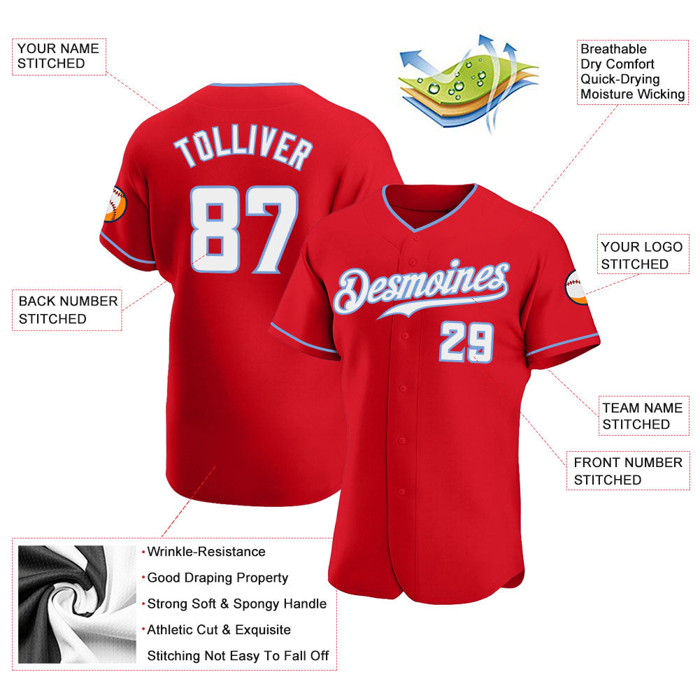 Custom Red White-Light Blue Authentic Baseball Jersey view 3