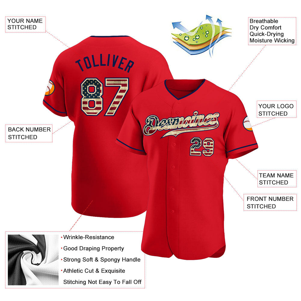 Custom Red Vintage USA Flag-Navy Authentic Baseball Jersey view 3