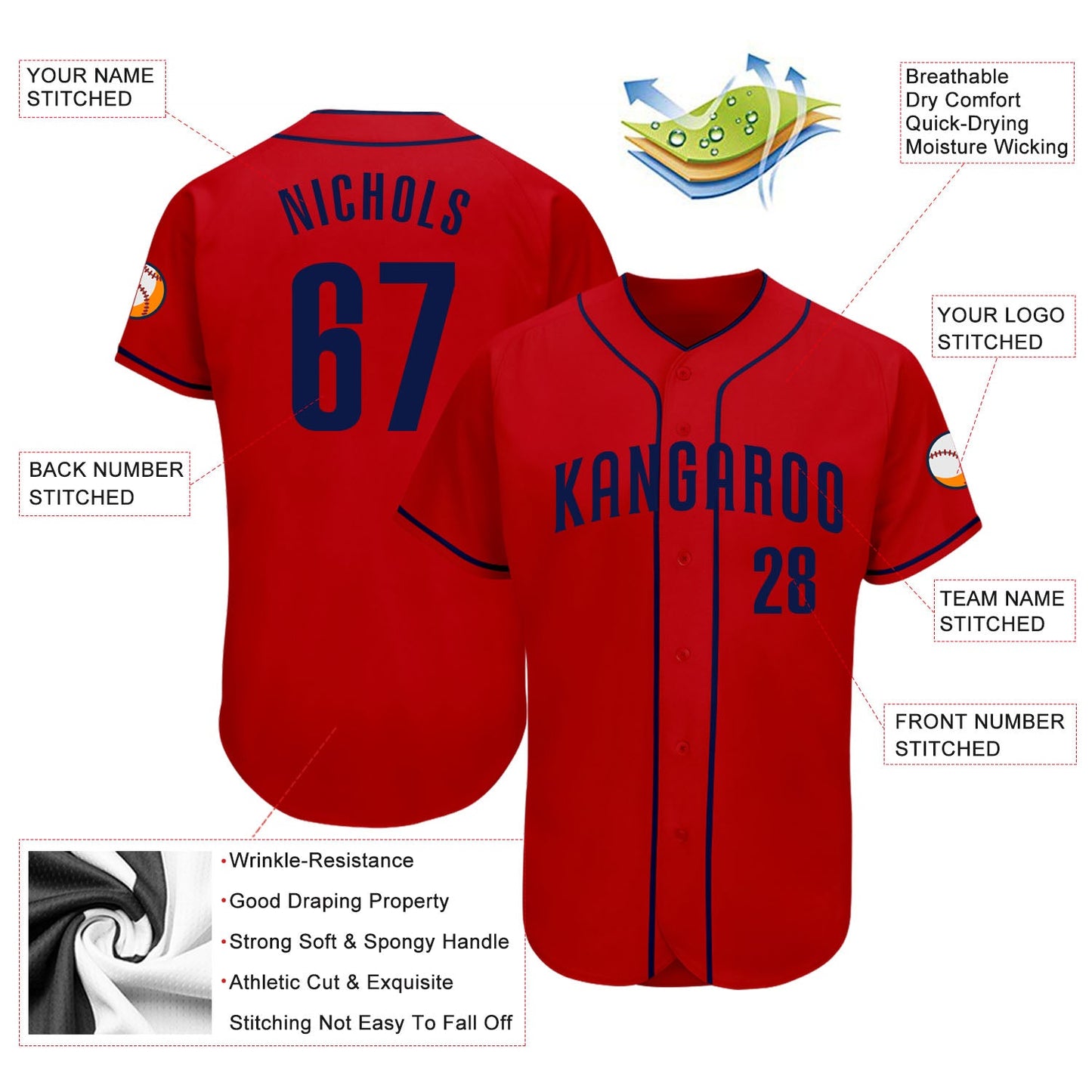 Custom Red Navy Authentic Baseball Jersey view 3