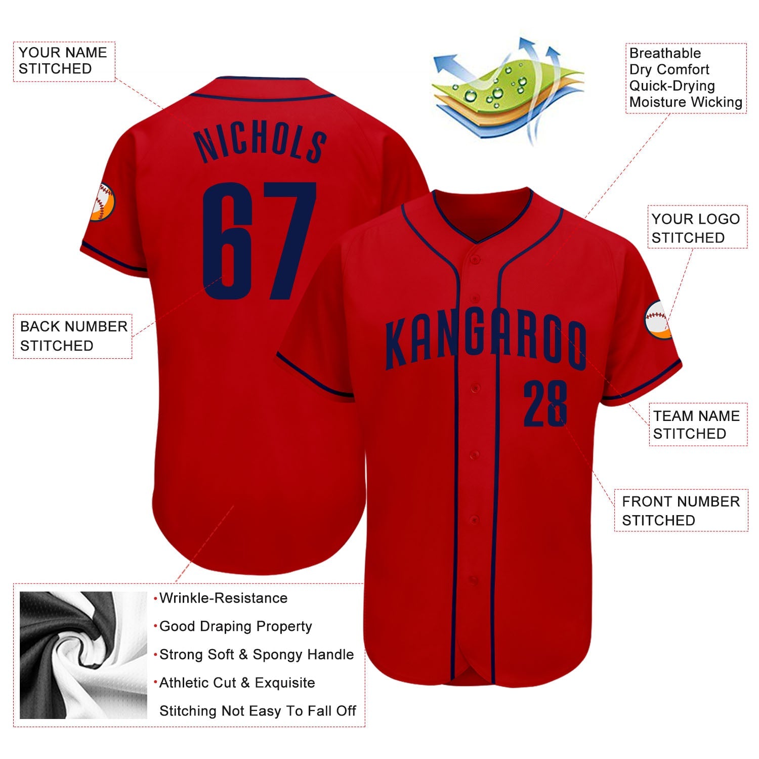 Custom Red Navy Authentic Baseball Jersey view 3