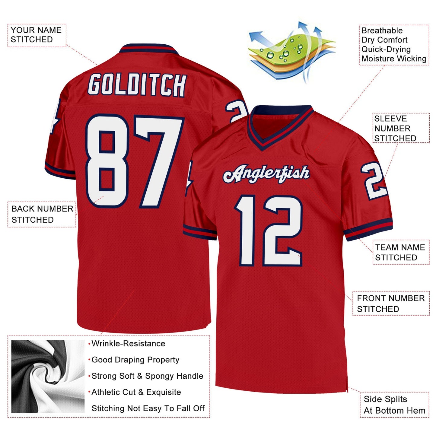 Custom Red White-Navy Mesh Authentic Throwback Football Jersey view 4