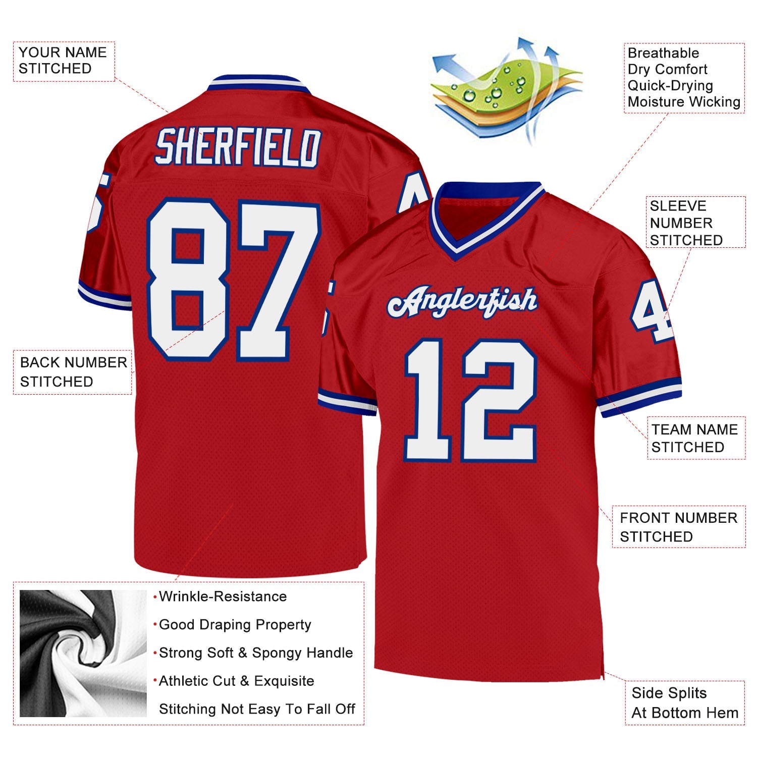 Custom Red White-Royal Mesh Authentic Throwback Football Jersey view 4