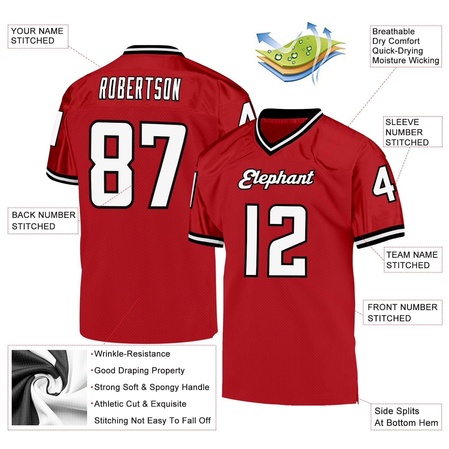 Custom Red White-Black Mesh Authentic Throwback Football Jersey view 4