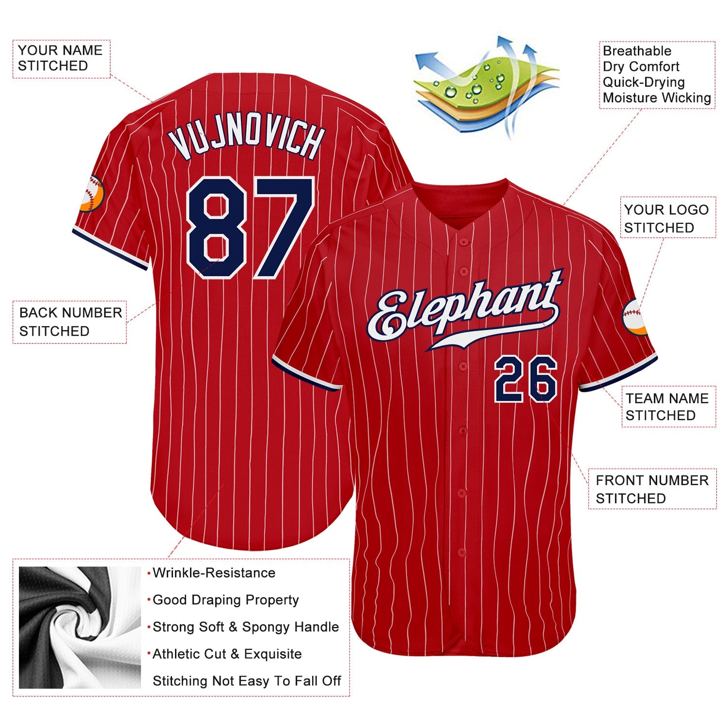 Custom Red White Pinstripe Navy-White Authentic Baseball Jersey view 3