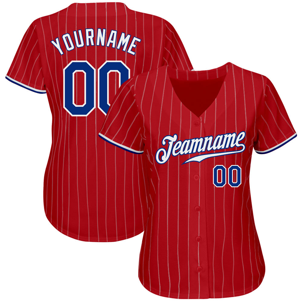 Custom Red White Pinstripe Royal-White Authentic Baseball Jersey view 2