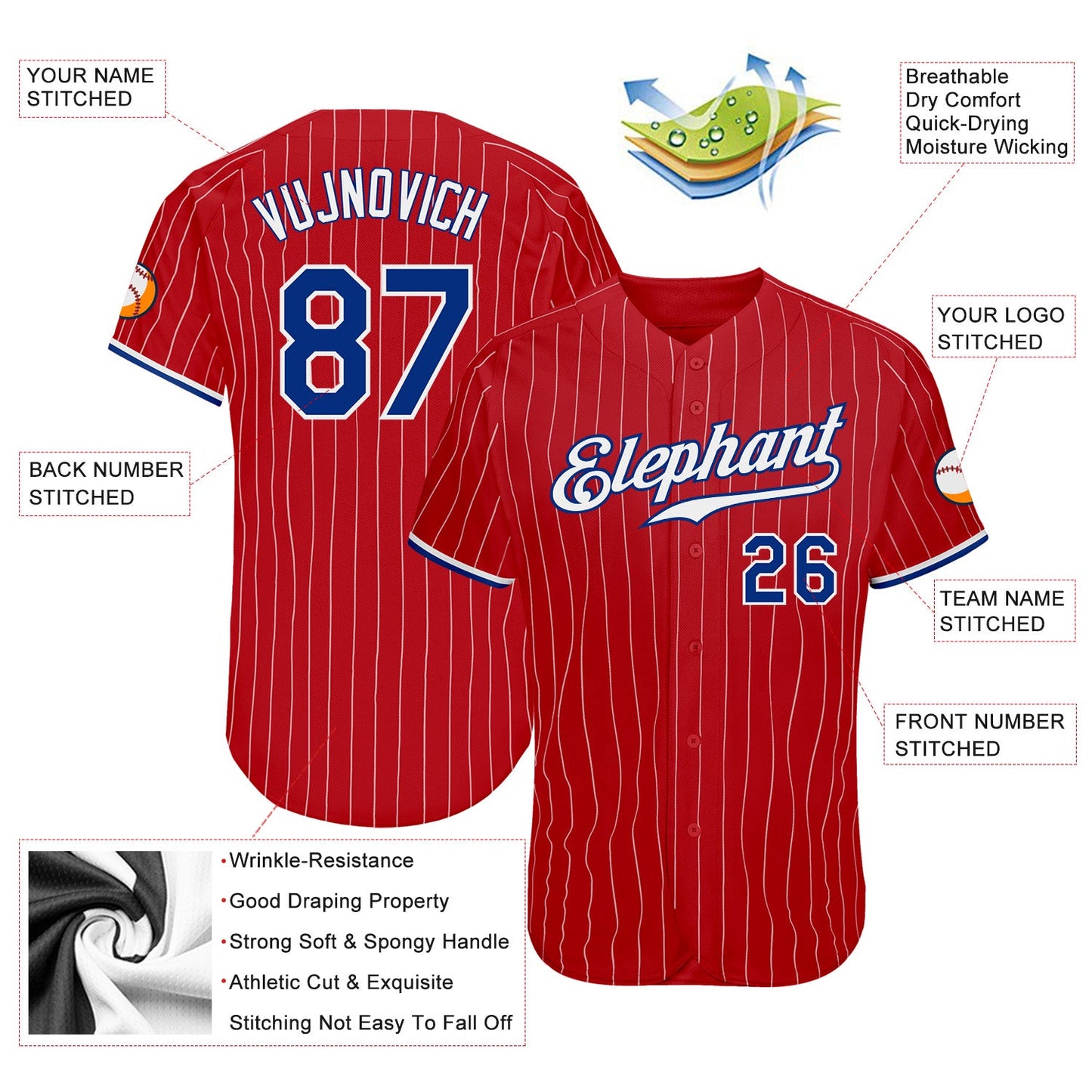 Custom Red White Pinstripe Royal-White Authentic Baseball Jersey view 3