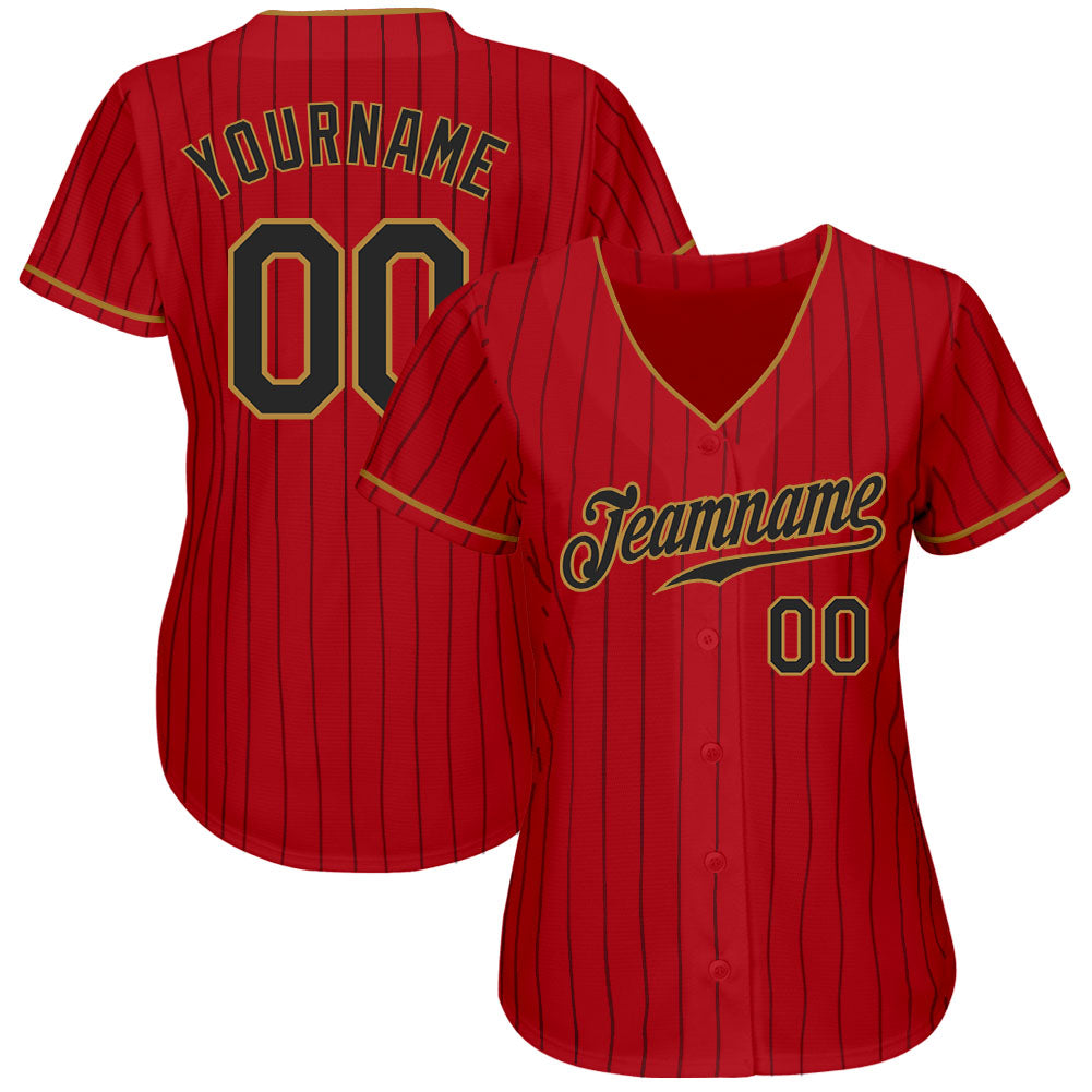 Custom Red Black Pinstripe Black-Old Gold Authentic Baseball Jersey view 2