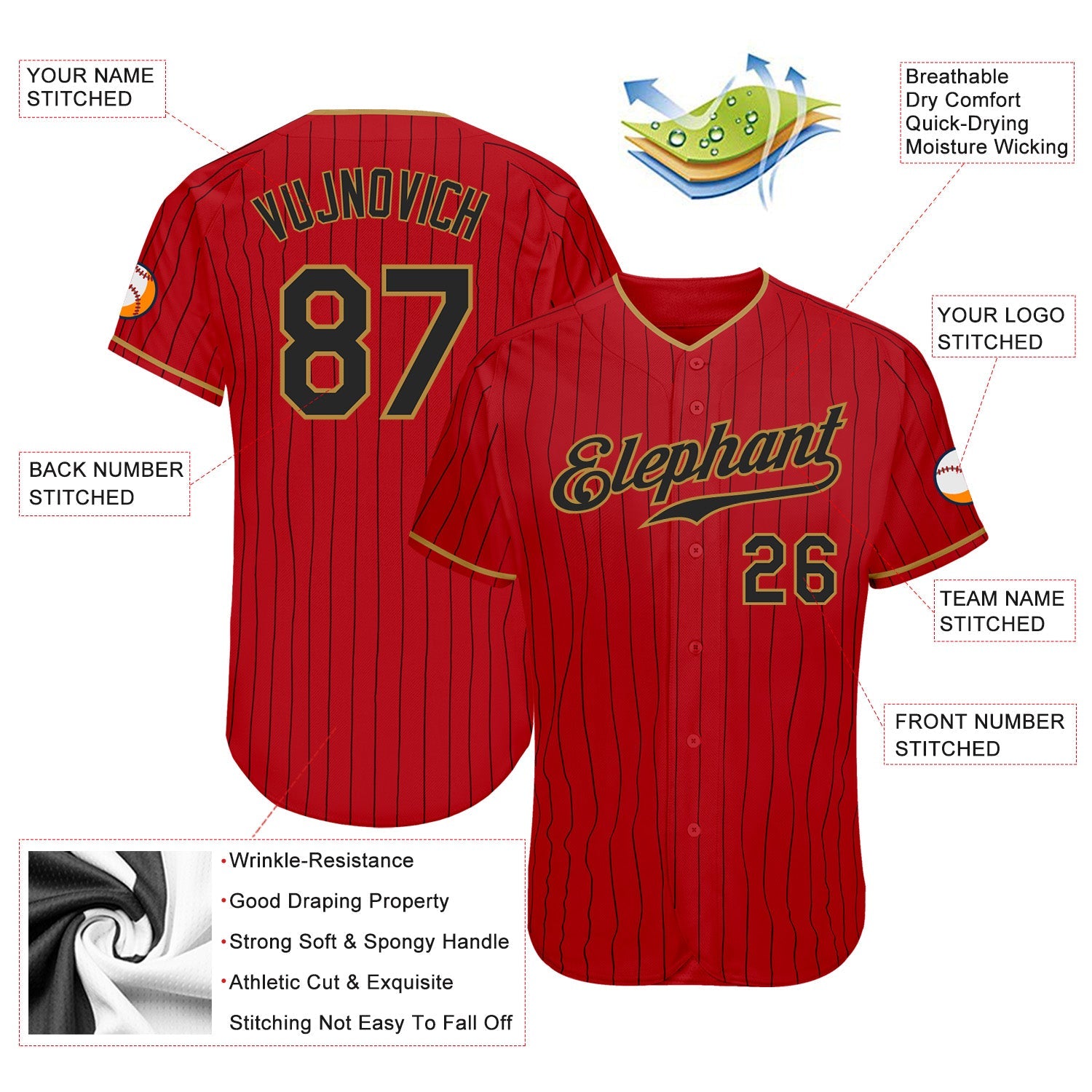 Custom Red Black Pinstripe Black-Old Gold Authentic Baseball Jersey view 3
