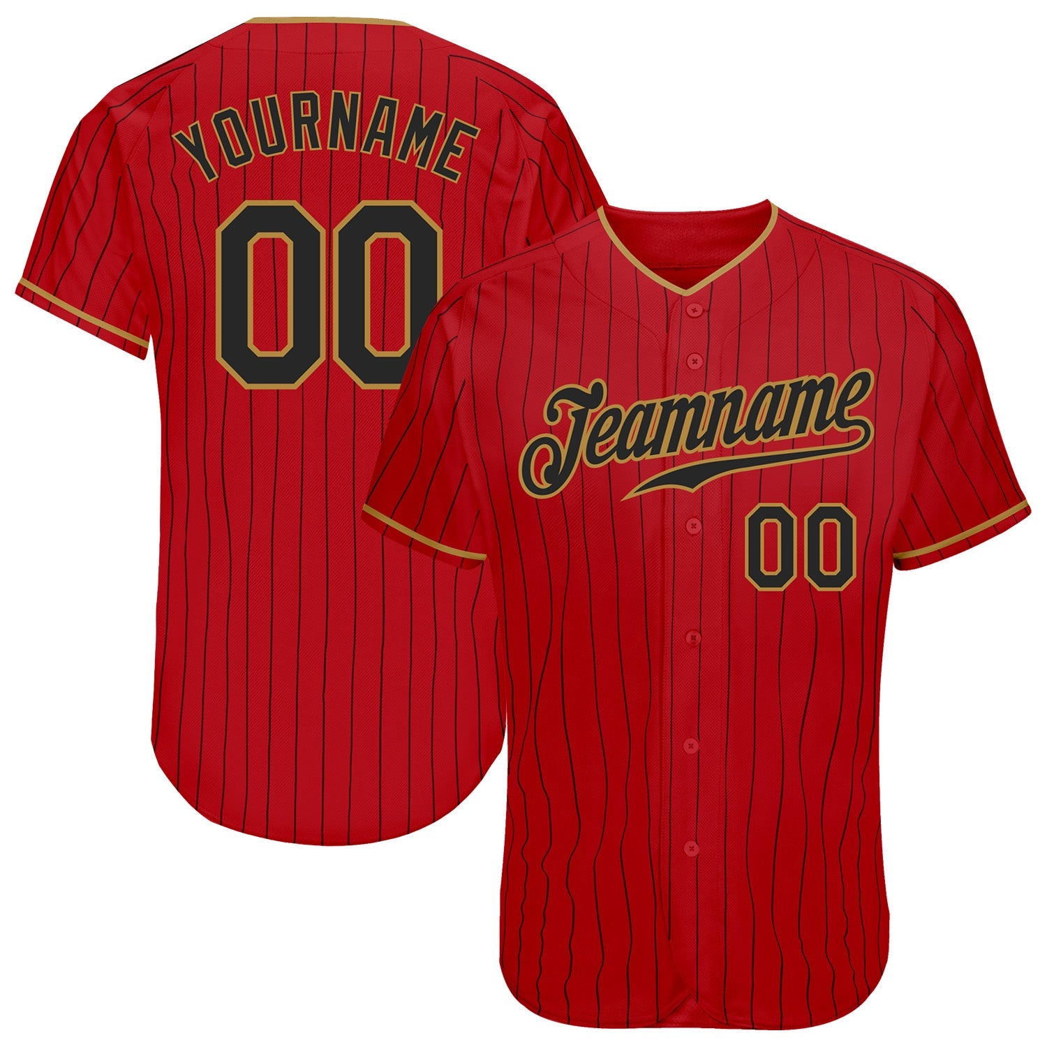 Custom Red Black Pinstripe Black-Old Gold Authentic Baseball Jersey - Main View