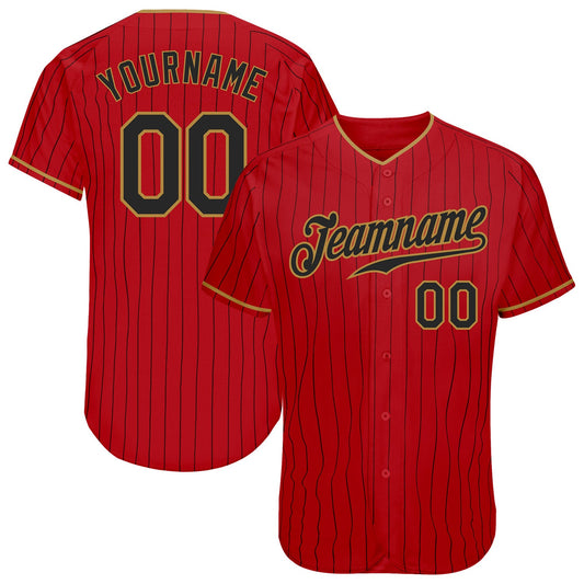 Custom Red Black Pinstripe Black-Old Gold Authentic Baseball Jersey - Main View