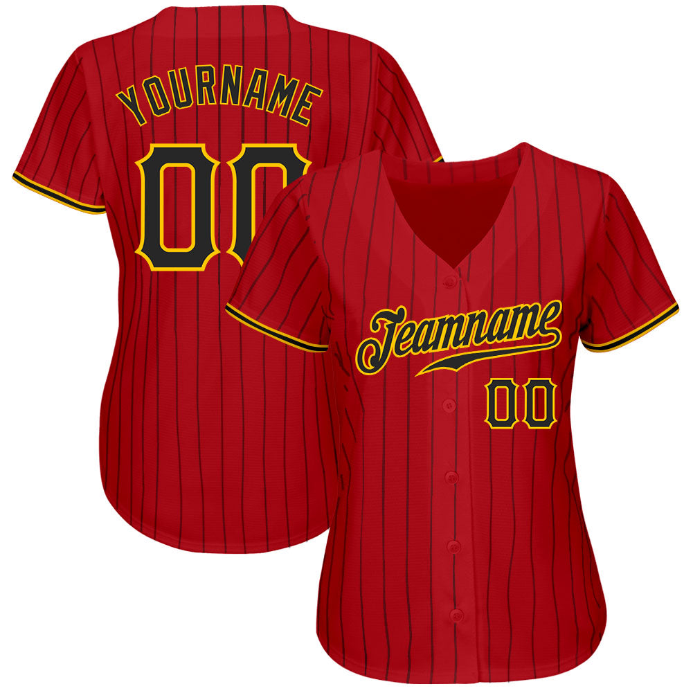 Custom Red Black Pinstripe Black-Gold Authentic Baseball Jersey view 2