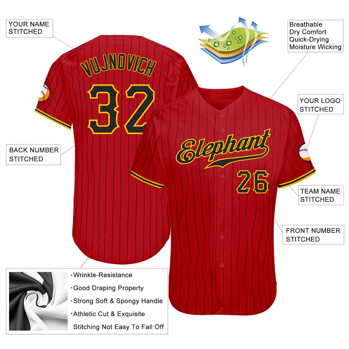 Custom Red Black Pinstripe Black-Gold Authentic Baseball Jersey view 3