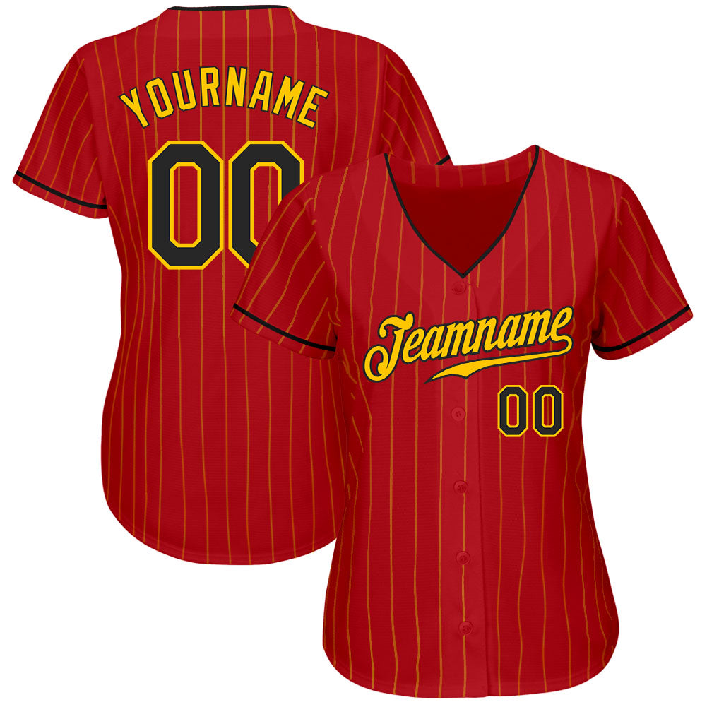 Custom Red Gold Pinstripe Black-Gold Authentic Baseball Jersey view 2