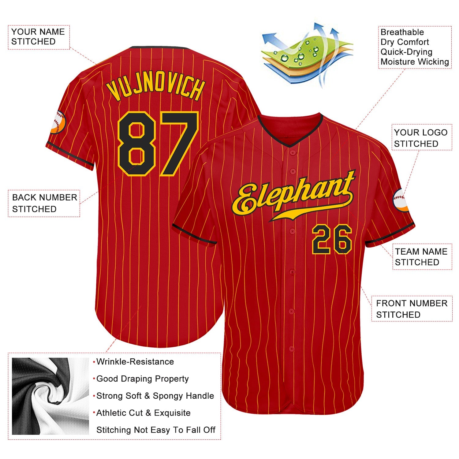 Custom Red Gold Pinstripe Black-Gold Authentic Baseball Jersey view 3