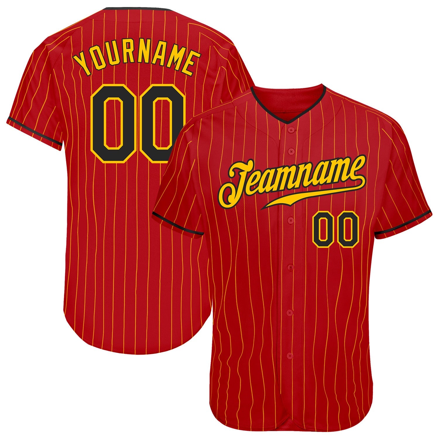 Custom Red Gold Pinstripe Black-Gold Authentic Baseball Jersey - Main View