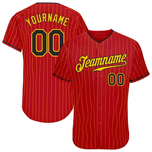 Custom Red Gold Pinstripe Black-Gold Authentic Baseball Jersey - Main View