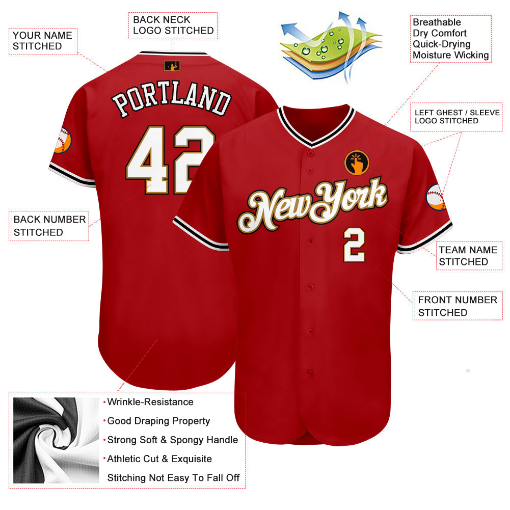 Custom Red White-Old Gold Authentic Baseball Jersey view 3