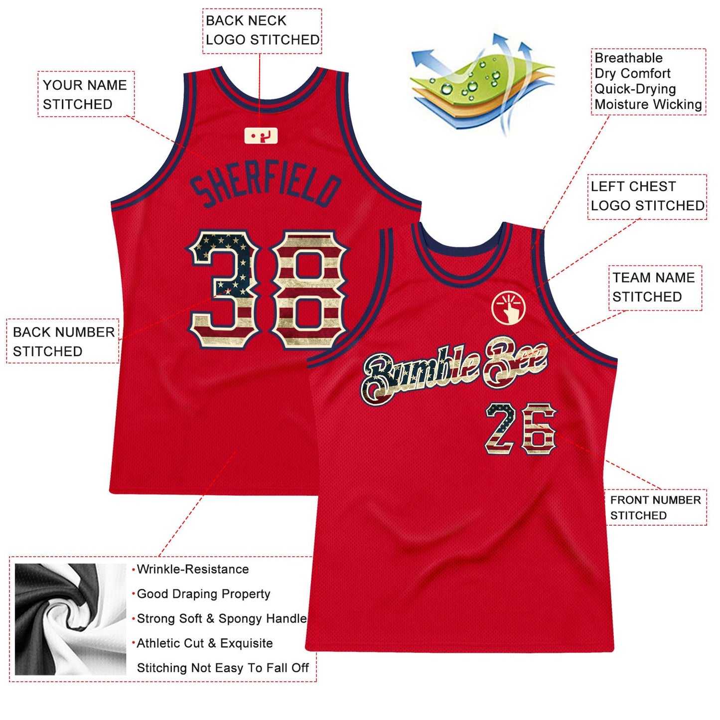 Custom Red Vintage USA Flag-Black Authentic Throwback Basketball Jersey view 2