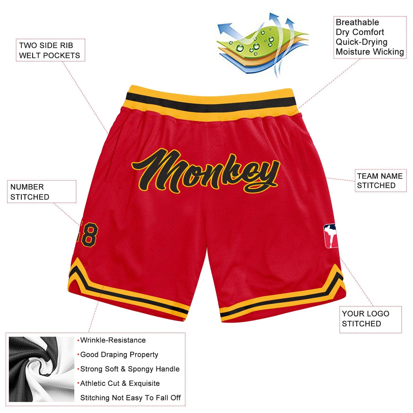 Custom Red Black-Gold Authentic Throwback Basketball Shorts view 2