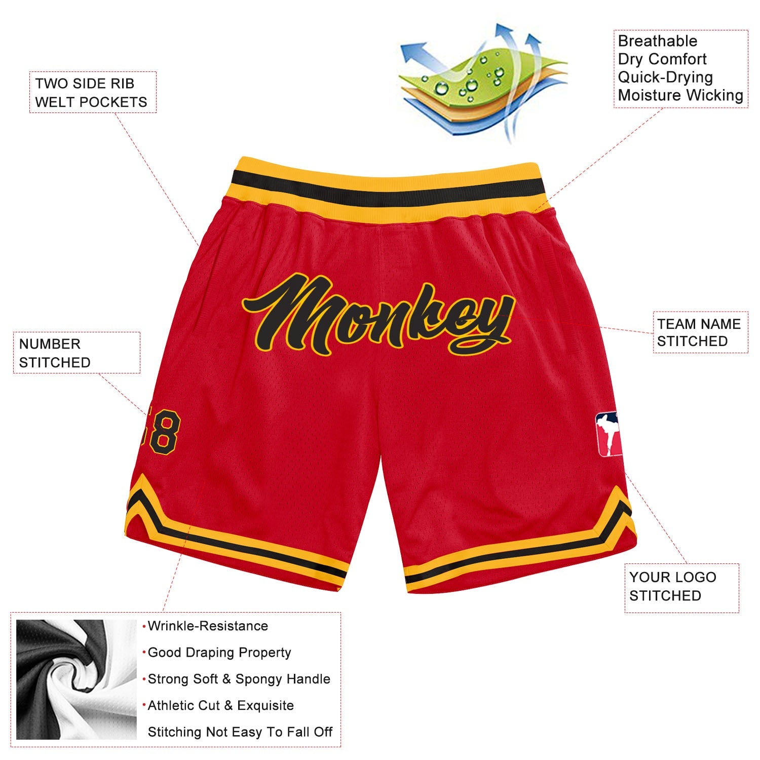 Custom Red Black-Gold Authentic Throwback Basketball Shorts view 2