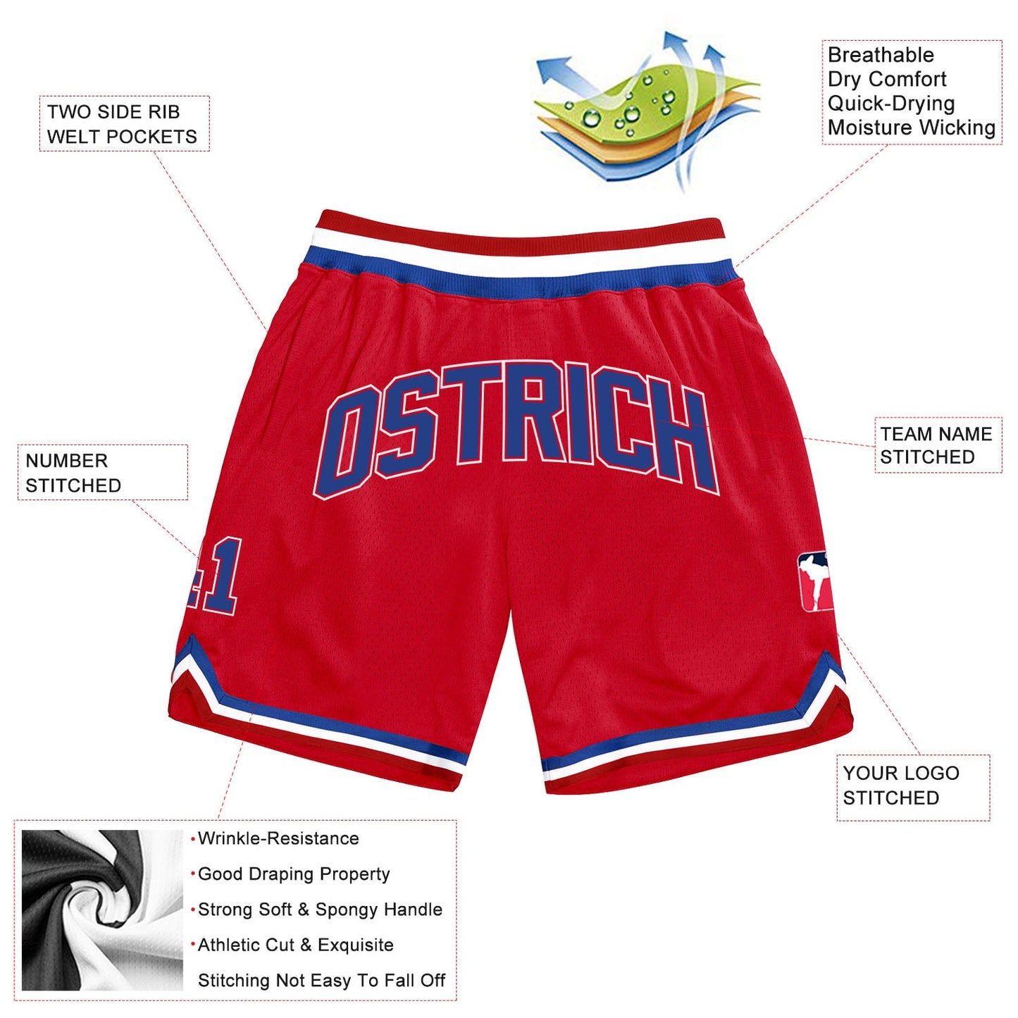 Custom Red Royal-White Authentic Throwback Basketball Shorts view 2