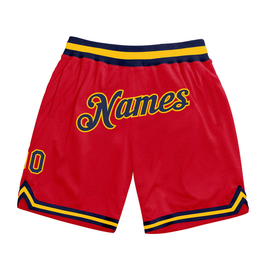 Custom Red Navy-Gold Authentic Throwback Basketball Shorts - Main View