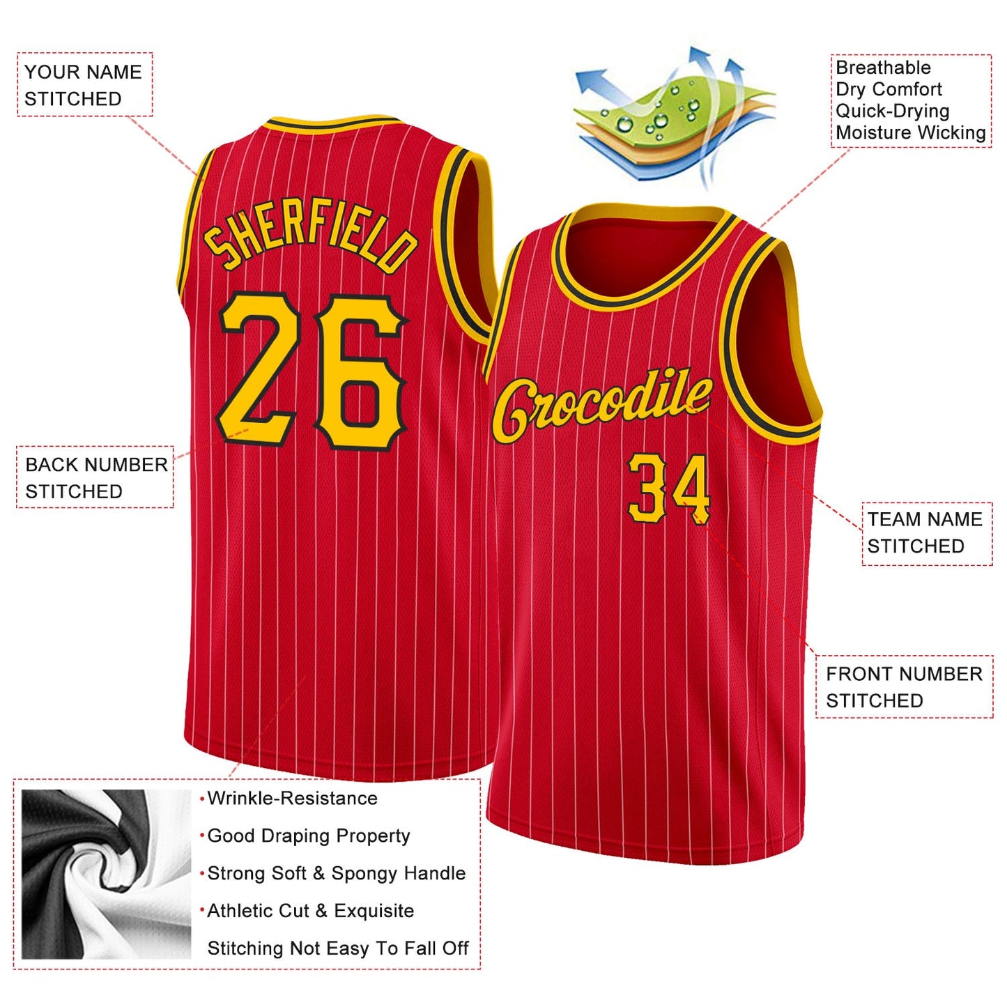Custom Red Gold Pinstripe Gold-Black Authentic Basketball Jersey view 2