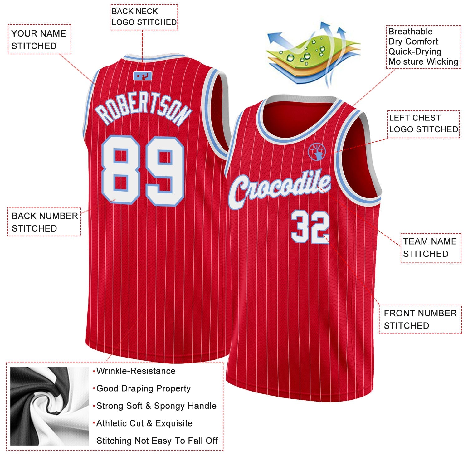 Custom Red White Pinstripe White-Light Blue Authentic Basketball Jersey view 2