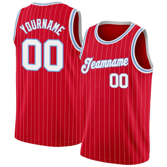Custom Red White Pinstripe White-Light Blue Authentic Basketball Jersey - Main View