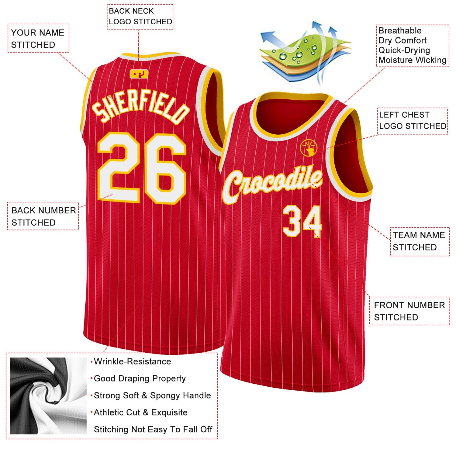 Custom Red White Pinstripe White-Gold Authentic Basketball Jersey view 2