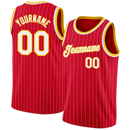 Custom Red White Pinstripe White-Gold Authentic Basketball Jersey - Main View