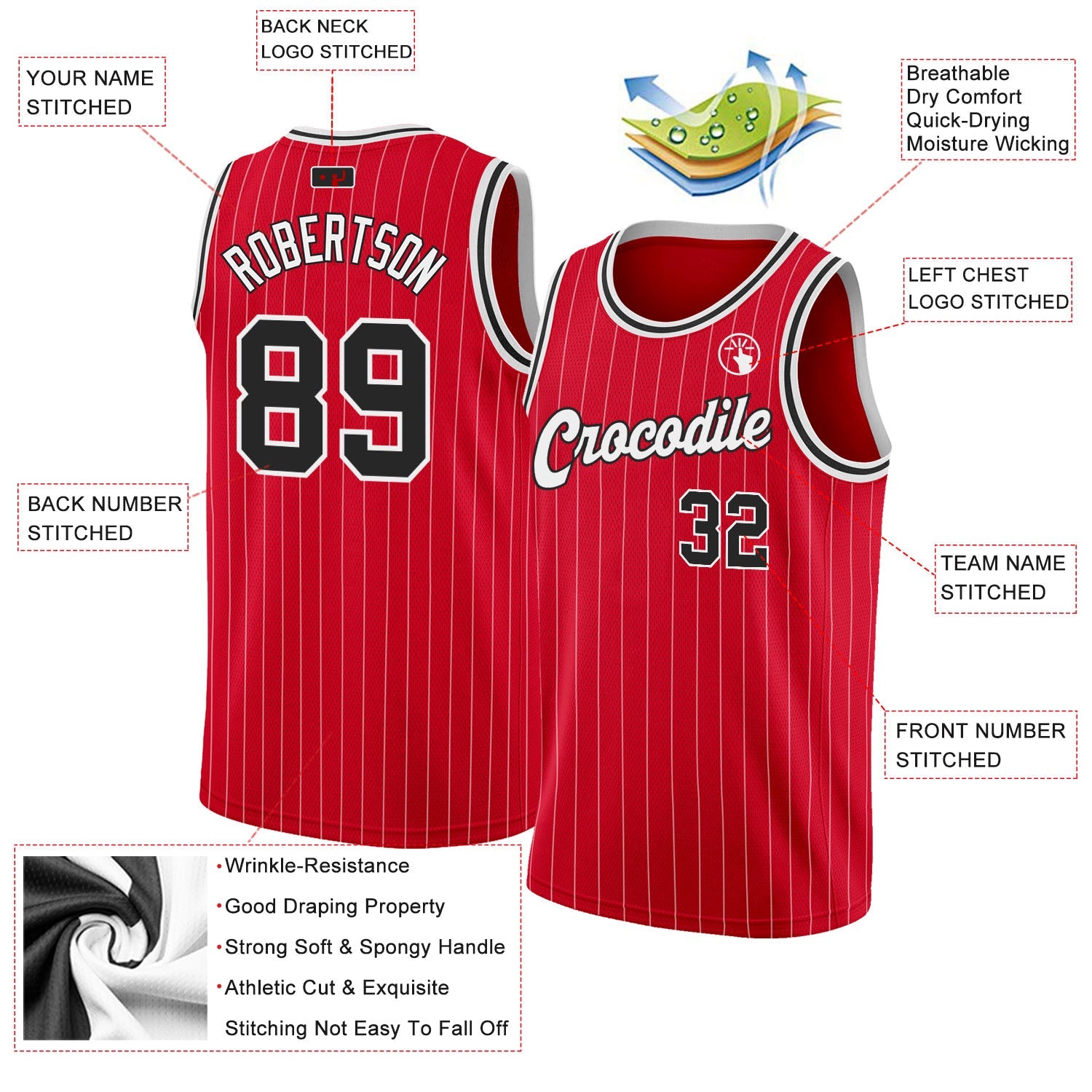 Custom Red White Pinstripe Black-White Authentic Basketball Jersey view 2