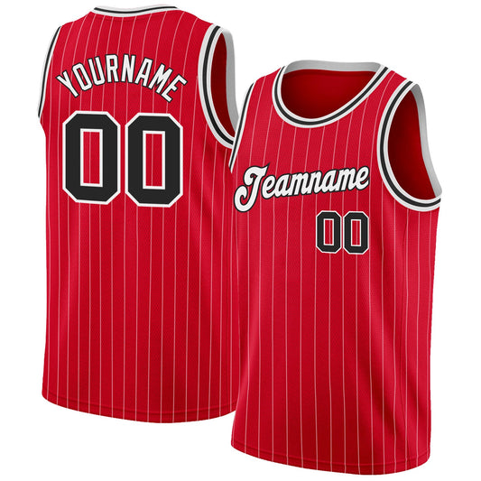 Custom Red White Pinstripe Black-White Authentic Basketball Jersey - Main View