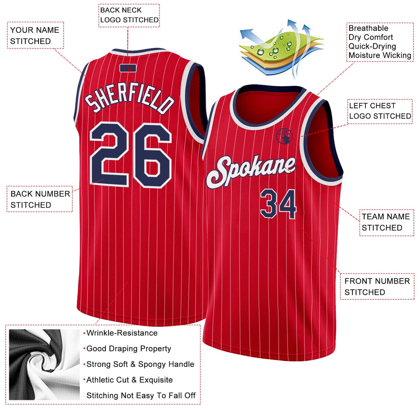 Custom Red White Pinstripe Navy-White Authentic Basketball Jersey view 2