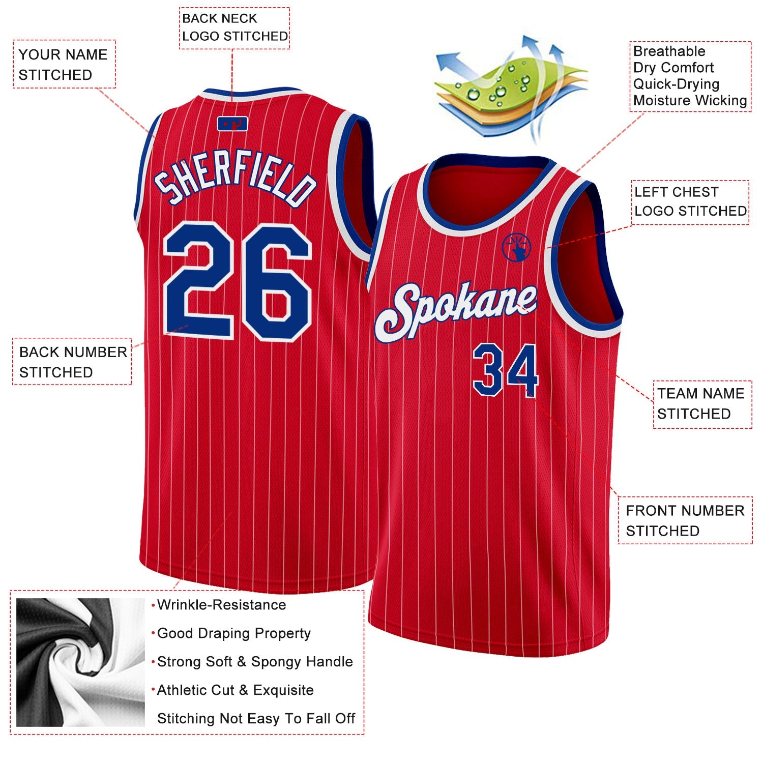 Custom Red White Pinstripe Royal-White Authentic Basketball Jersey view 2