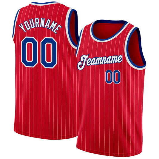 Custom Red White Pinstripe Royal-White Authentic Basketball Jersey - Main View