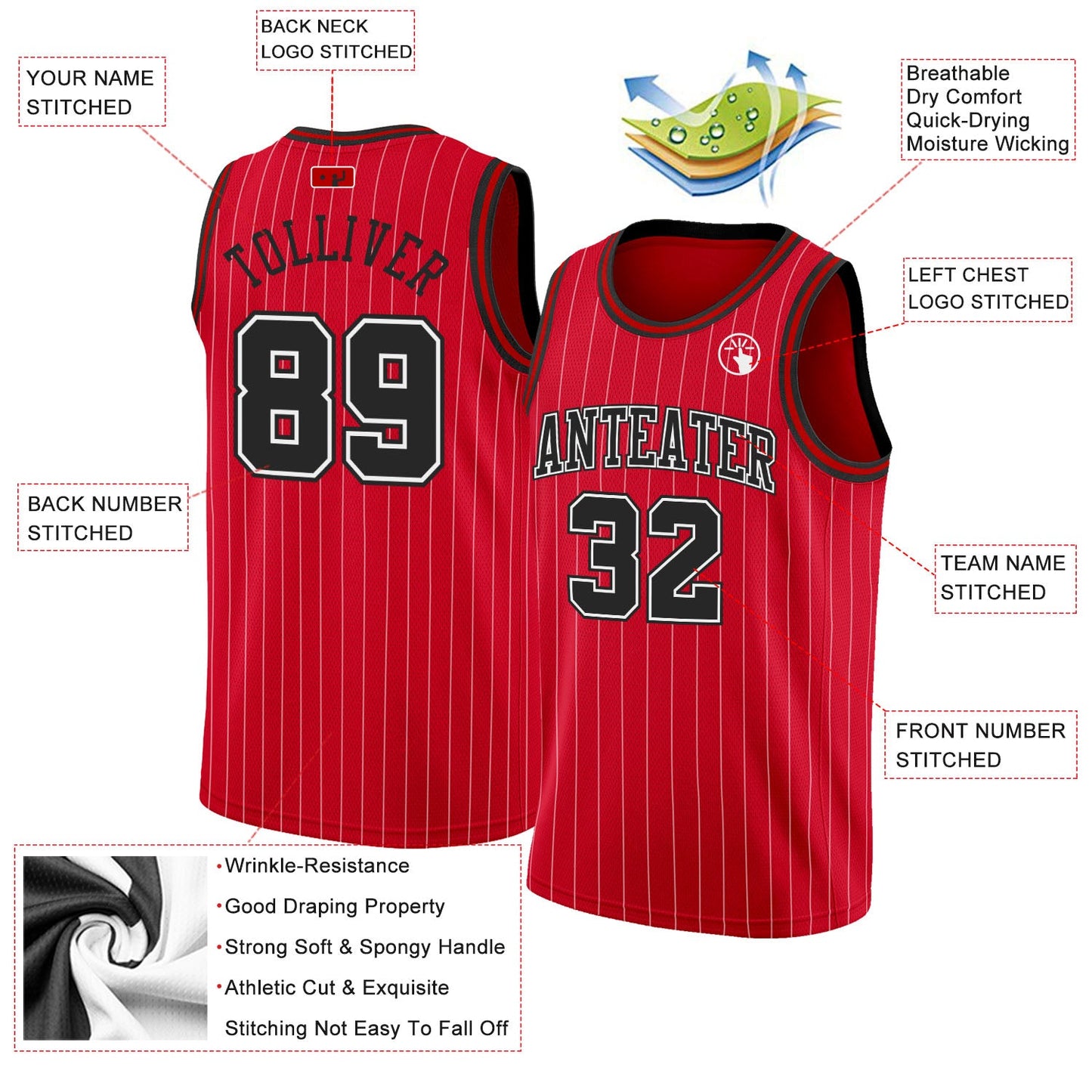 Custom Red White Pinstripe Black-White Authentic Basketball Jersey view 2