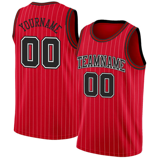 Custom Red White Pinstripe Black-White Authentic Basketball Jersey - Main View