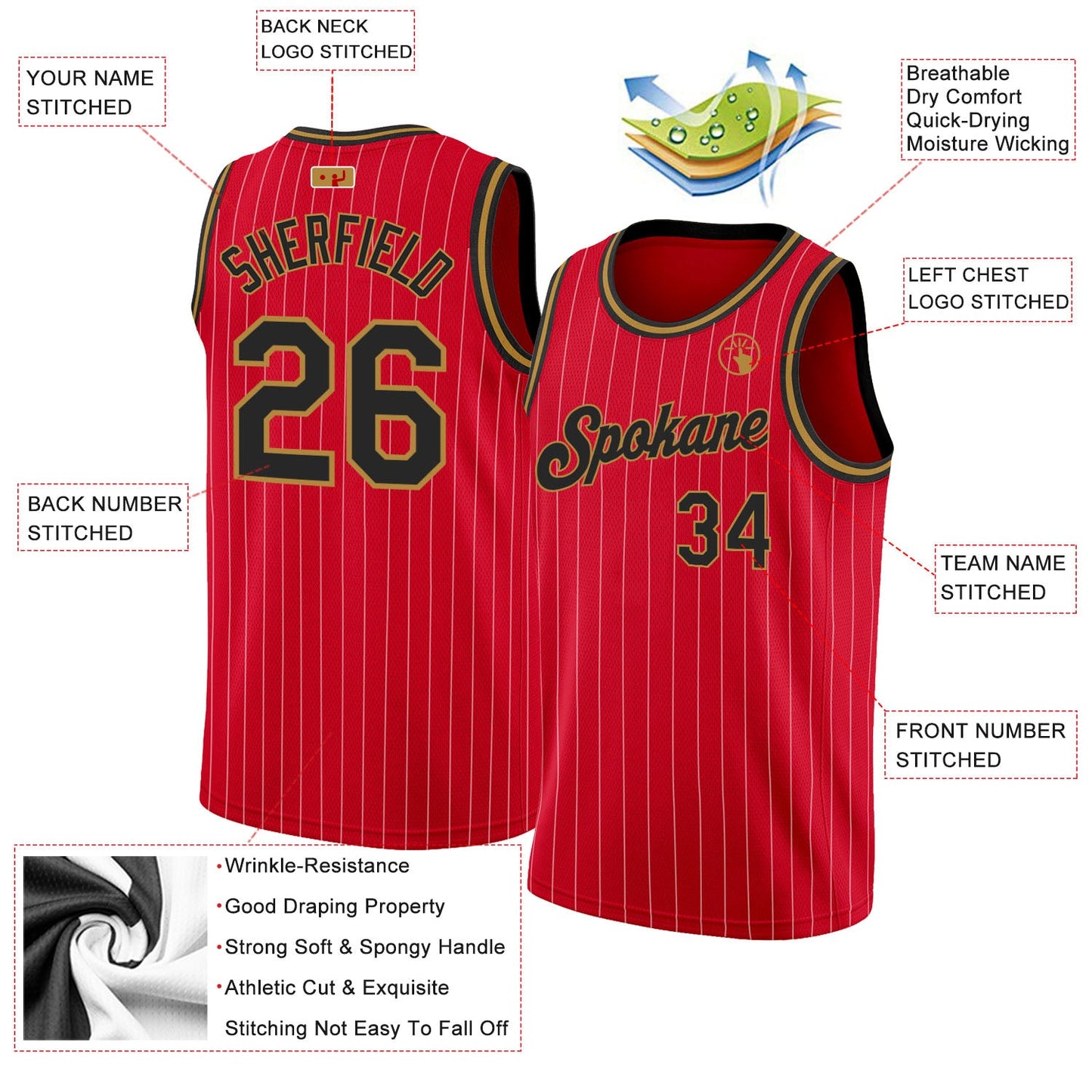 Custom Red White Pinstripe Black-Old Gold Authentic Basketball Jersey view 2